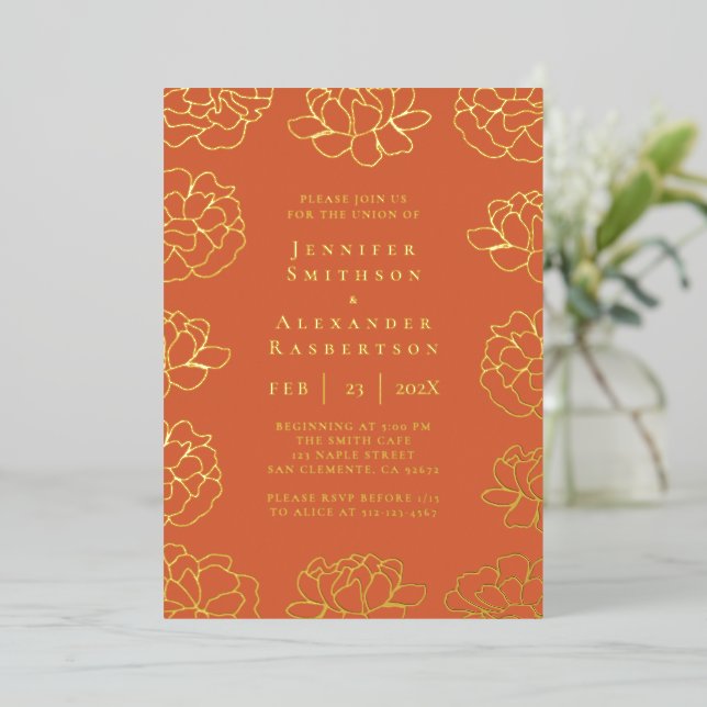 Red Minimalist Botanical Wedding Invitation Foil Invitation (Standing Front)