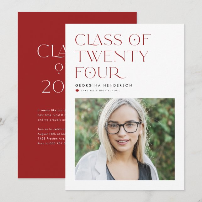 Red Minimalist Class of 2024 Photo Graduation Announcement (Front/Back)