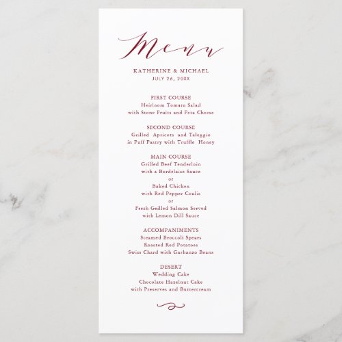 Red Minimalist Dainty Script Wedding Menu