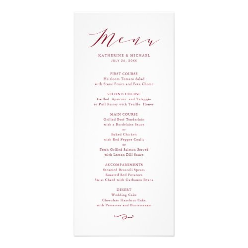 Red Minimalist Dainty Script Wedding Menu Card