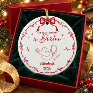 Red Minimalist Doctor Christmas Custom Name Year Ceramic Ornament