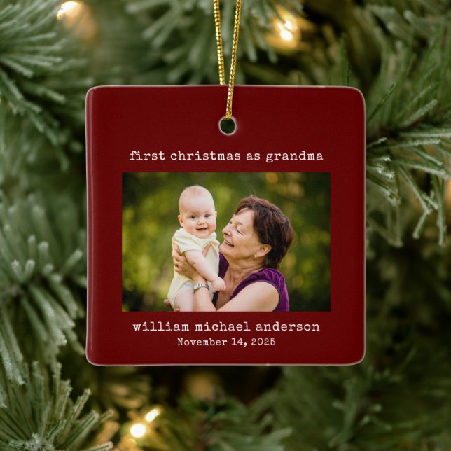 Red Minimalist First Christmas as Grandma Photo Ceramic Ornament (Tree)