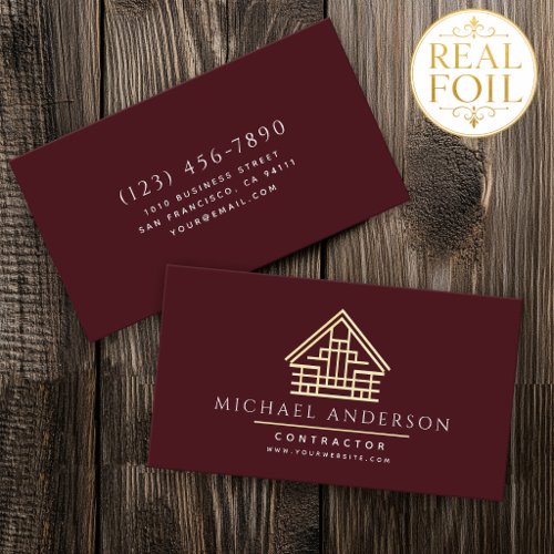 Red Minimalist Home Building Construction Luxe Foil Business Cards
