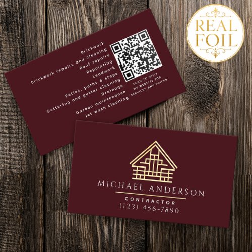 Red Minimalist Home Building Construction Luxe QR Foil Business Cards