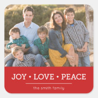 Red Minimalist Joy Love Peace Holiday Photo Square Sticker