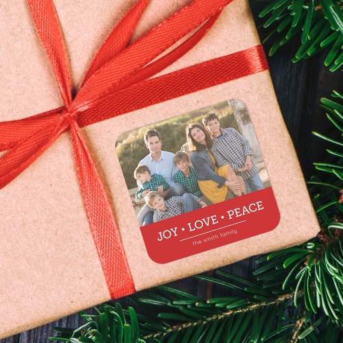 Red Minimalist Joy Love Peace Holiday Photo Square Sticker