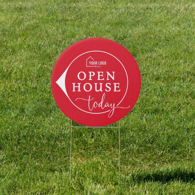 Red Minimalist Logo Open House Circle Yard Sign (Insitu)