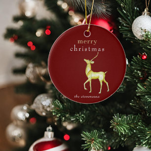 Red Minimalist Merry Christmas Gold Reindeer Ceramic Ornament