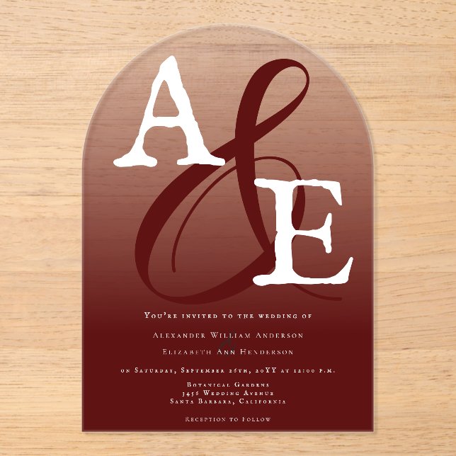 Red Minimalist Monogram Wedding Acrylic Invitations (Front)