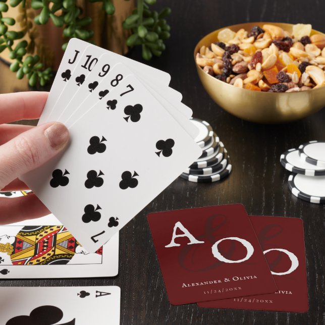 Red Minimalist Monogram Wedding Favor Poker Cards (In Situ)