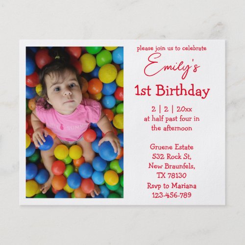 red minimalist photo girl 1st birthday invitation  flyer