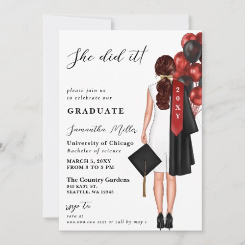 Red Minimalist Photo She Did It Graduation Invi