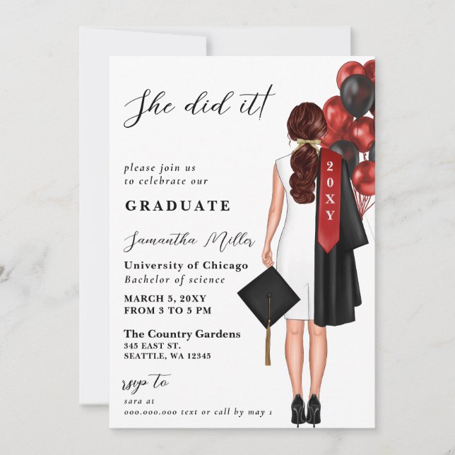 Red Minimalist Photo She Did It Graduation Invi Invitation (Front)