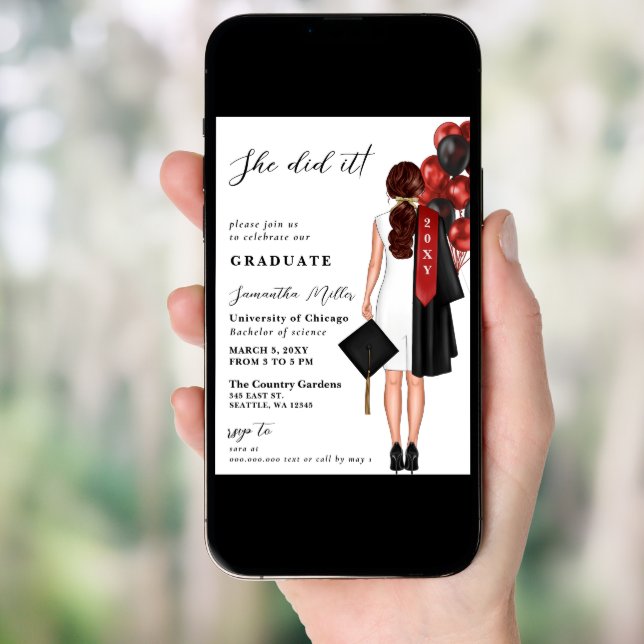 Red Minimalist Photo She Did It Graduation Invi Invitation (Front Digital)