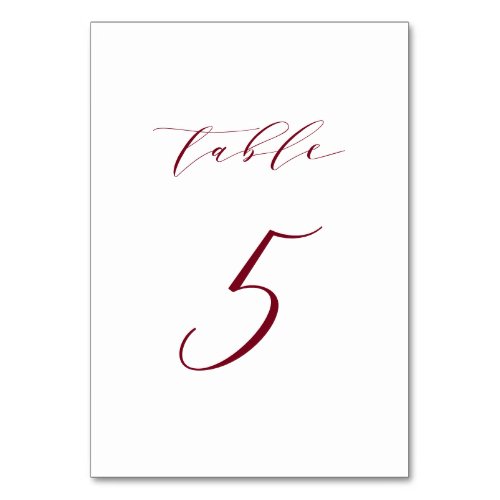 Red Minimalist Script Wedding Table Number 5