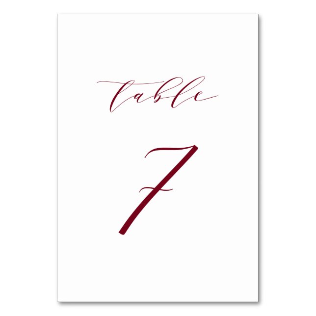 Red Minimalist Script Wedding Table Number 7 (Front)