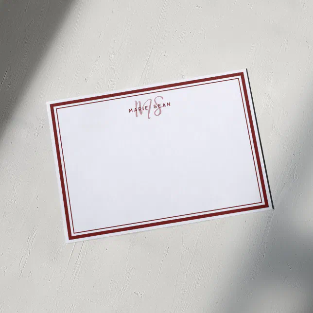 Red Minimalist Simple Monogram Two Border Note Card | Zazzle