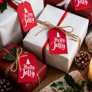 Red Minimalistic Calligraphy Holly Jolly To From Gift Tags