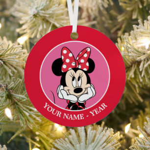 Red Minnie   Head in Hands Add Your Name Metal Ornament