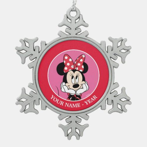 Red Minnie  Head in Hands Add Your Name Snowflake Pewter Christmas Ornament