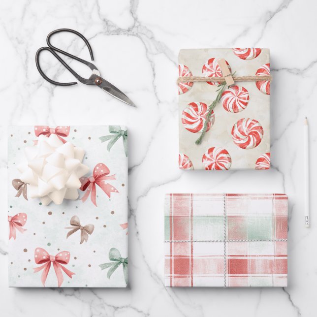 Red Mint Cream Christmas Bows Peppermint Stripes Wrapping Paper Sheets (Front)