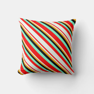 Red, Mint Cream, Orange, Black & Aquamarine Lines Throw Pillow