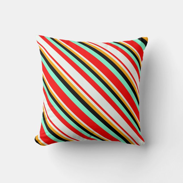 Red, Mint Cream, Orange, Black & Aquamarine Lines Throw Pillow (Front)