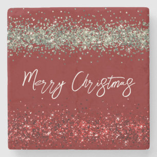 Red Mint Green Glitter Sparkle Christmas Stone Coaster