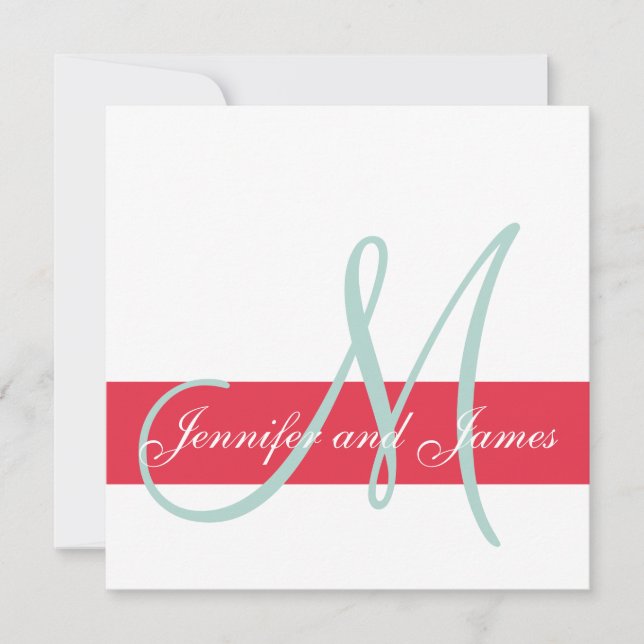 Red, Mint Green Monogram Names Simple Wedding Invitation (Front)