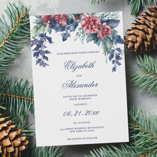 Red mint navy blue foliage winter floral wedding invitation