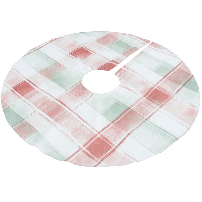 Red Mint Peppermint Mocha Plaid Stripes Christmas Brushed Polyester Tree Skirt (Angled)