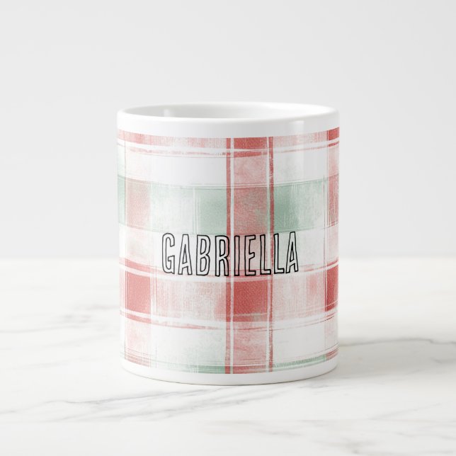Red Mint Peppermint Mocha Plaid Stripes Christmas Giant Coffee Mug (Front)