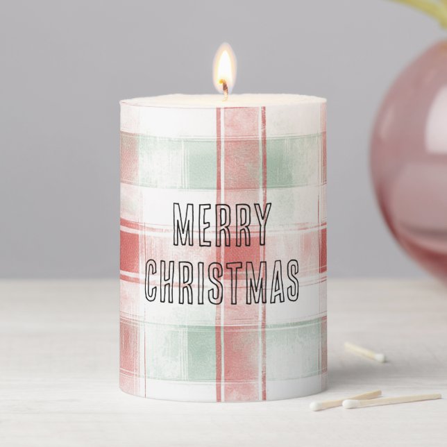 Red Mint Peppermint Mocha Plaid Stripes Christmas Pillar Candle (In Situ)