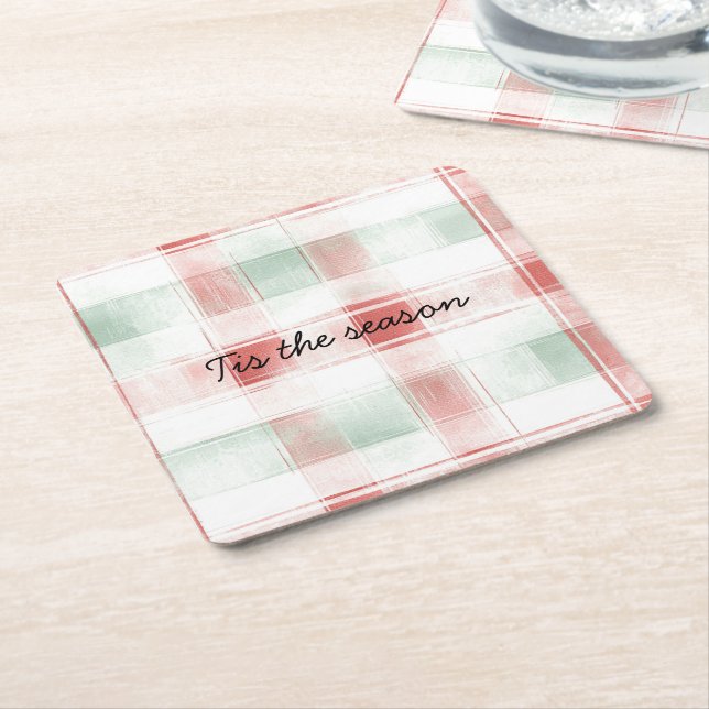 Red Mint Peppermint Mocha Plaid Stripes Christmas Square Paper Coaster (Angled)