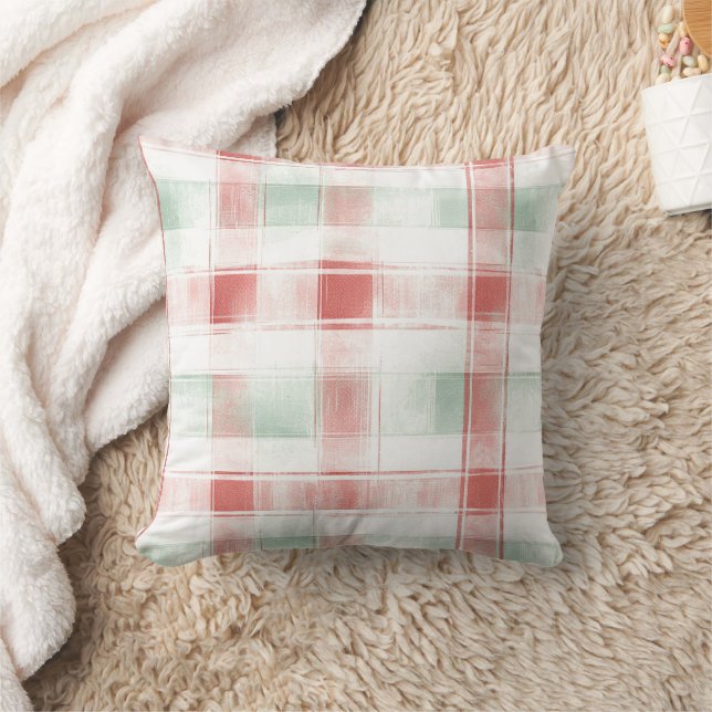 Red Mint Peppermint Mocha Plaid Stripes Christmas Throw Pillow (Blanket)