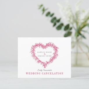 Red mistletoe heart wreath wedding cancelation announcement postcard