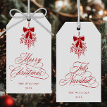 Red Mistletoe Merry Christmas | Feliz Navidad Gift Tags<br><div class="desc">This holiday gift tag features elegant,  romantic swirly calligraphy with a winter mistletoe bouquet and a festive 'Merry Christmas' on the front,  along with 'Feliz Navidad' script on the back. For more advanced customization of this design,  please click the BLUE DESIGN TOOL BUTTON above!</div>