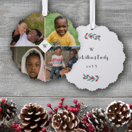 Red Mistletoe White Monogram Photo Collage Family Ornament Card