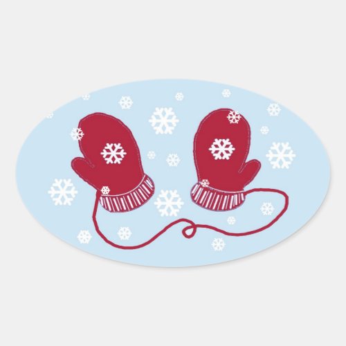 Red Mittens and Snowflakes Oval Sticker