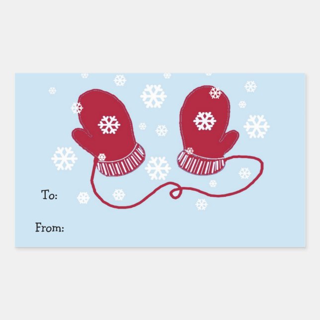 Red Mittens and Snowflakes Rectangular Sticker (Front)