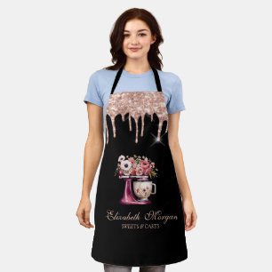 Red Mixer Flowers Rose Gold Drips Bakery Black Apron