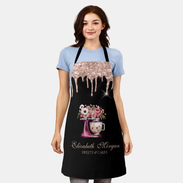 Red Mixer Flowers Rose Gold Drips Bakery Black  Apron (Worn)