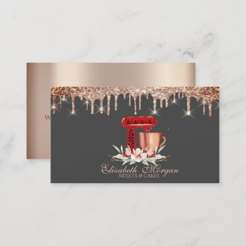 Red Mixer Flowers Rose Gold Drips Bakery  Business Card