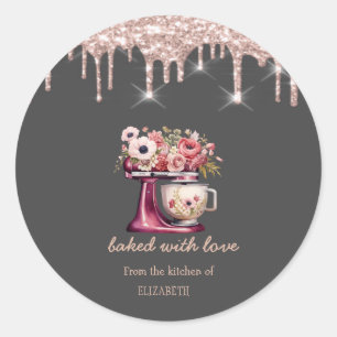 Red Mixer Flowers Rose Gold Drips Bakery   Classic Round Sticker