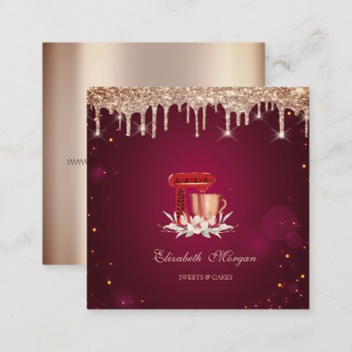 Red Mixer Roses Gold Drips Bakery  Square Business Card