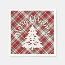 Red, Mocha & Cream Plaid - Merry Christmas + Tree