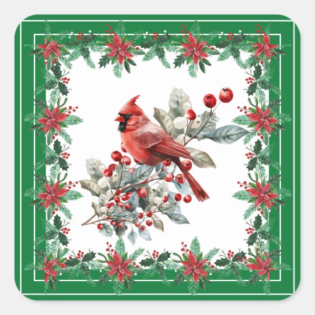 Red Mockingbird Poinsettia Borders Green Square Sticker (Front)