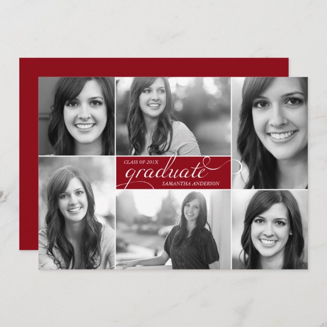 Red Modern 6 Photo Script Graduation Invite (Front/Back)