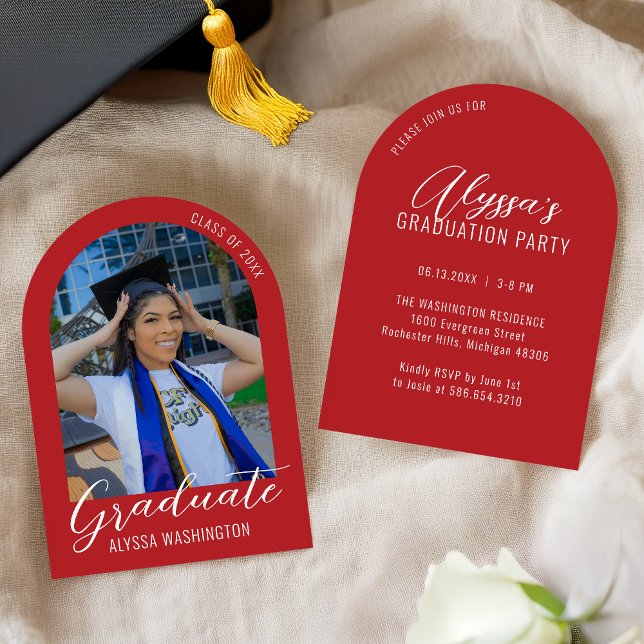 Red Modern Arch Photo Graduation Party Invitation (Creator Uploaded)