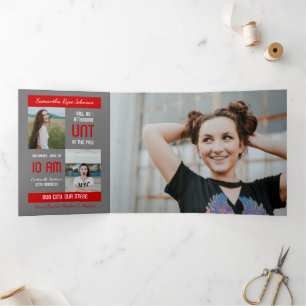 Red Modern Block 5-Photo Graduation Tri-Fold Invitation